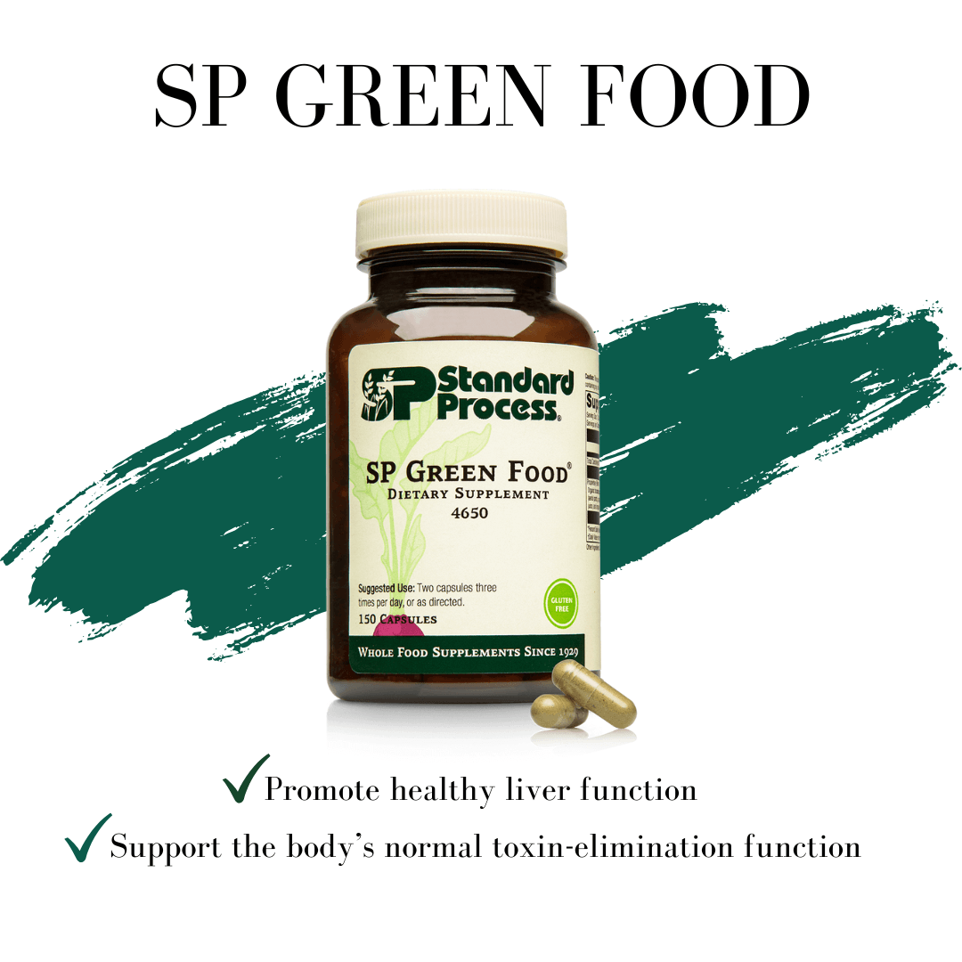 Standard Process SP Green Food supplement bottle with capsules, promoting healthy liver function and natural toxin elimination