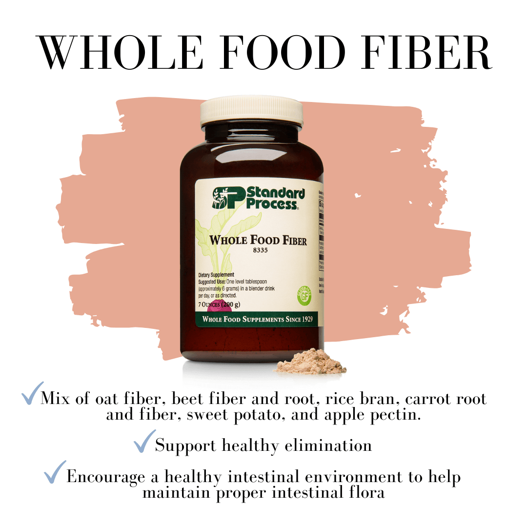 Standard Process Whole Food Fiber supplement bottle with powder, promoting healthy intestinal environment and elimination