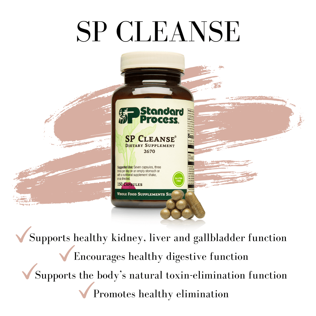 Standard Process SP Cleanse supplement bottle with capsules, highlighting liver, kidney, and digestive support benefits for detoxification