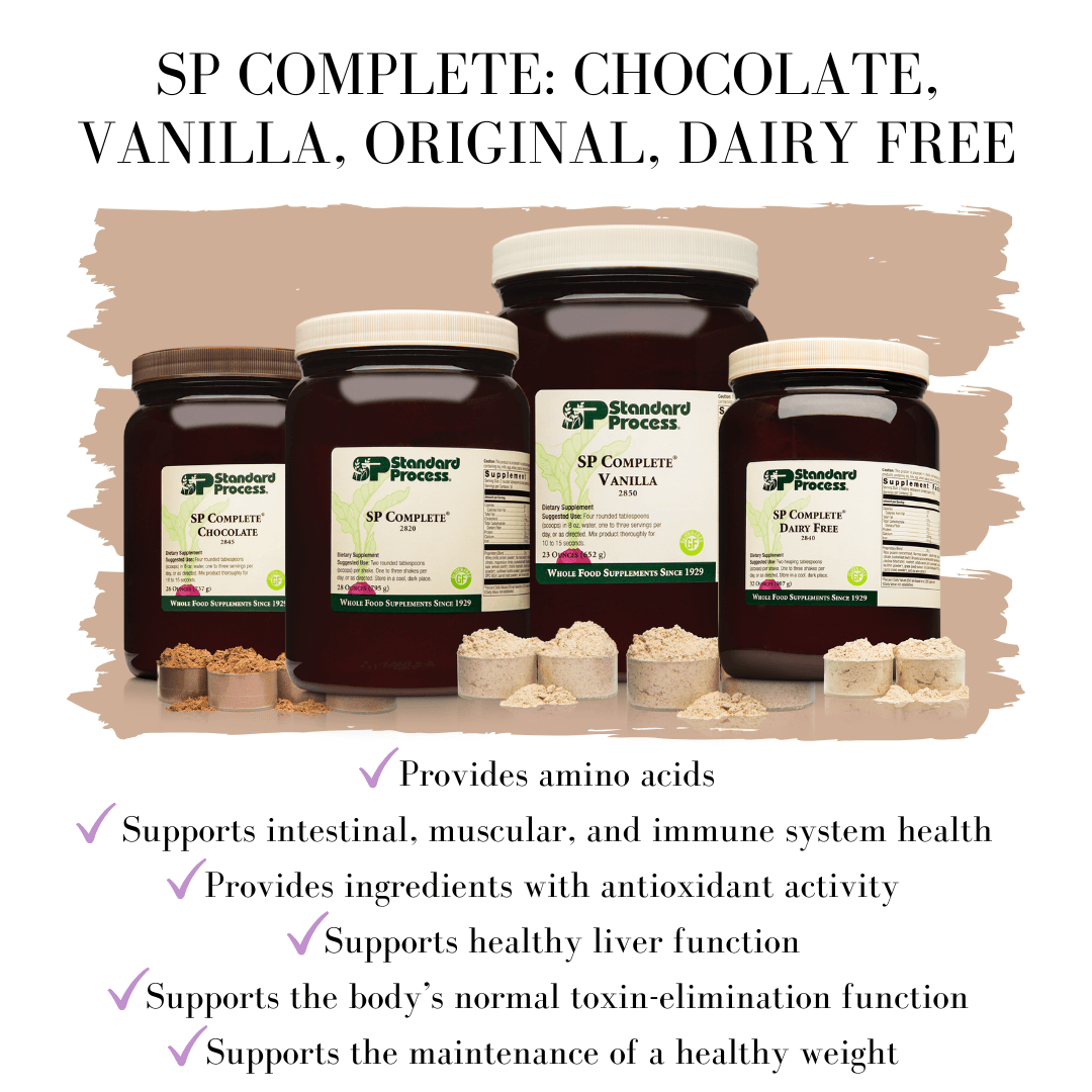 Standard Process SP Complete supplement bottle with powder, promoting healthy liver function and natural toxin elimination